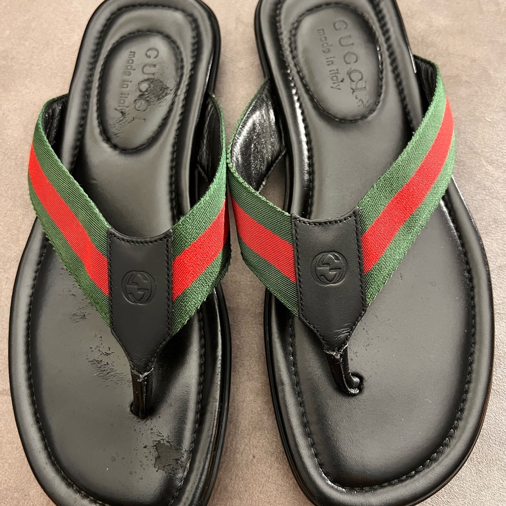 Gucci Web Black Leather Thong Mens sandals size-9